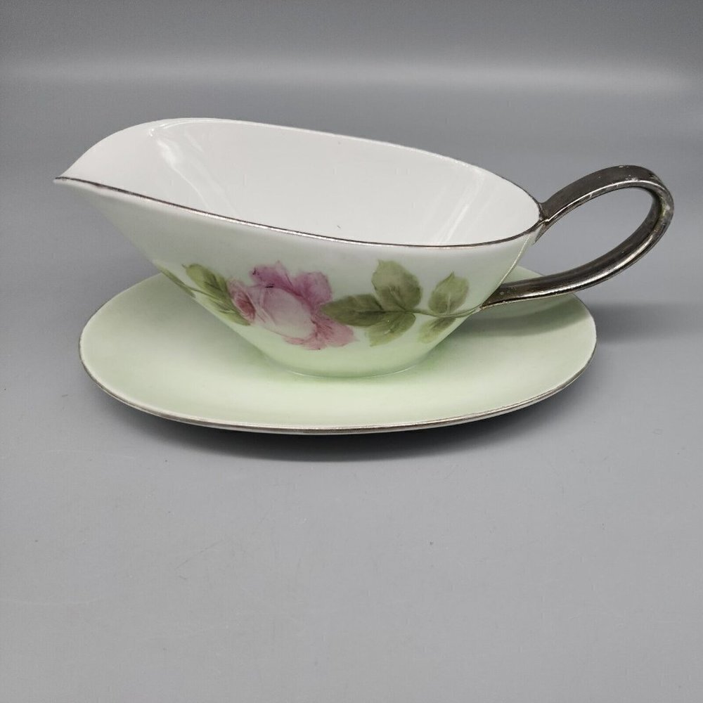 Gravy Boat Fine China Hutschenreuther Gelb Bavaria Pink rose Green Underplate